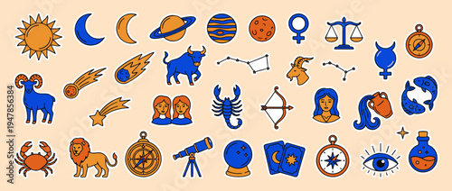 Cosmic Collection: An assortment of celestial bodies, zodiac symbols, and mystical tools arranged against a light background, conjuring a sense of wonder and intrigue.