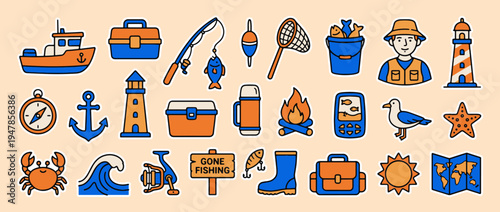 Icons of Fishing and Coastal Life: A collection of vibrant icons, celebrating the joy of fishing and coastal adventures, and the essence of maritime leisure and nautical themed.