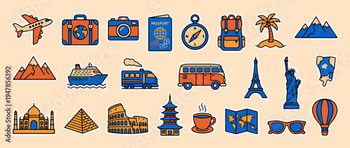 Travel Icons Collection: A vibrant collection of travel icons, perfect for representing journeys and destinations across the globe, including airplanes, cameras, passports, landmarks.