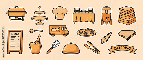 Catering Equipment Icons: An array of detailed icons representing the essential elements of catering services, from food presentation to service equipment.