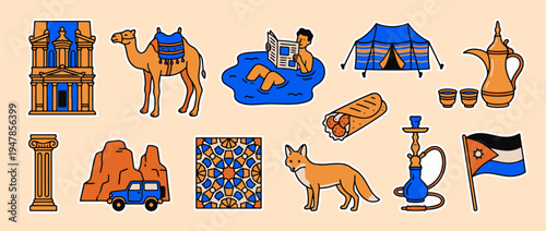 Jordanian Cultural Icons: A collection of distinct visual elements representing Jordan's rich culture, including historical landmarks, natural wonders, and traditional artifacts.