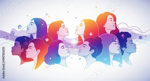 Diverse group of women with colorful hair profiles looking up symbolizing unity and empowerment in a vibrant abstract illustration