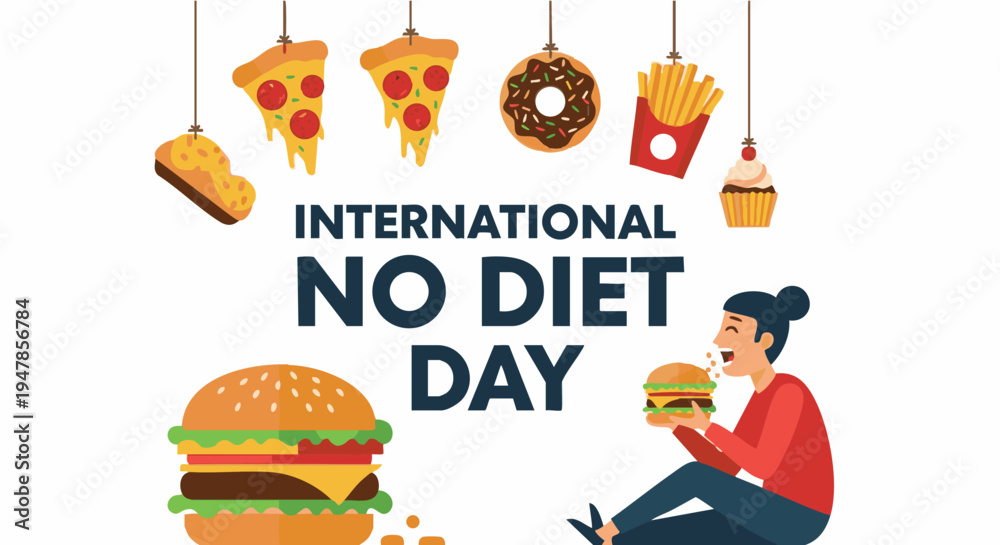 Fototapeta premium Woman eating hamburger on International No Diet Day in playful colorful illustration for health awareness campaign
