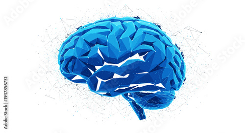 Abstract blue brain illustration with glowing particles and neural network