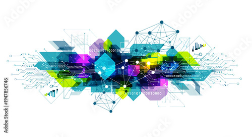 Abstract digital network cluster with glowing geometric shapes and data streams