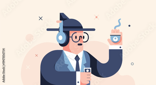 Stylized man in hat and suit holding coffee and listening to music