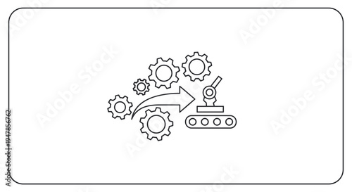 Industrial automation process with gears arrow and robotic arm on conveyor belt