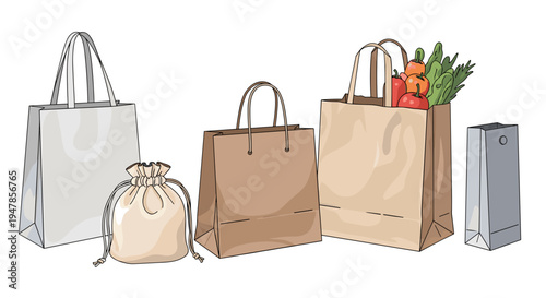 Assortment of reusable and paper shopping bags filled with groceries isolated