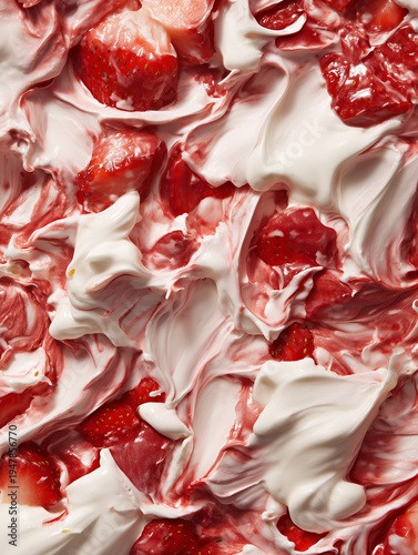 Strawberries and Cream Texture with Crushed Berries and Whipped Cream Swirl, Extreme Macro Food Photography