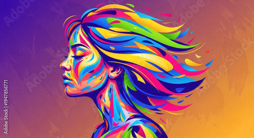 Vibrant colorful illustration of a woman's head in profile with flowing hair and abstract swirling patterns on her face and neck against a gradient background