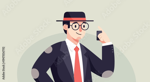 Stylized man in hat and suit taking a picture with his phone