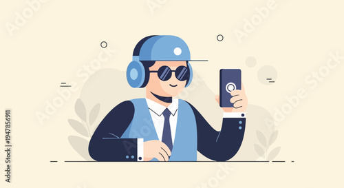 Stylized man in headphones and suit holding a mobile phone