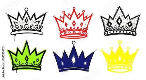 Hand-drawn Crown Icons: Royalty, Power, Success Symbols in Various Colors