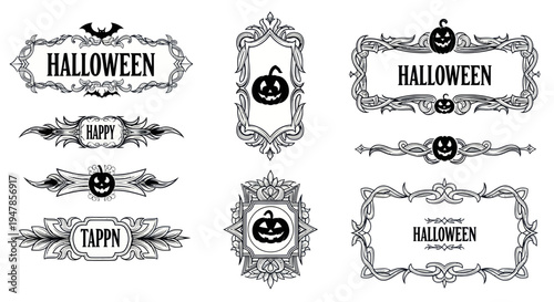 Halloween Ornate Frames and Borders with Pumpkins and Bats - Vector Set