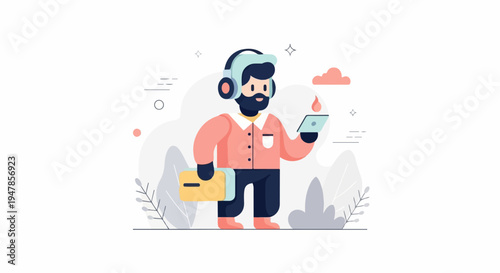 Stylized man in headphones holding tablet and briefcase amidst abstract elements