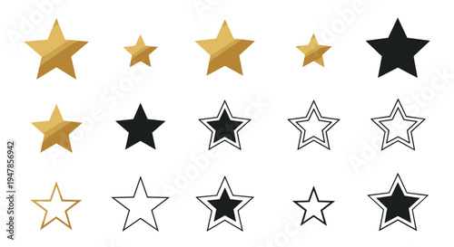 Collection of golden black and outline star shapes in various sizes and styles