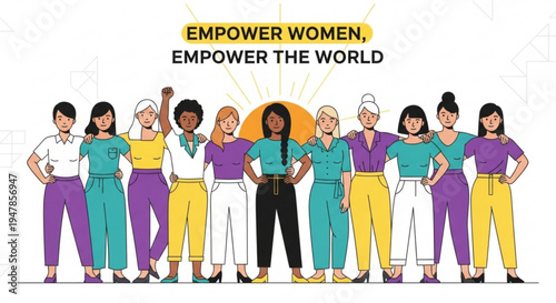 Diverse group of confident women standing together with empowering phrase