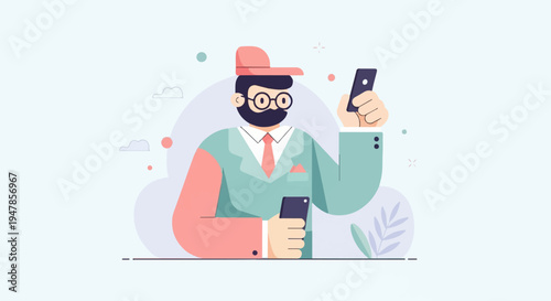 Stylized man in suit and cap holding two phones