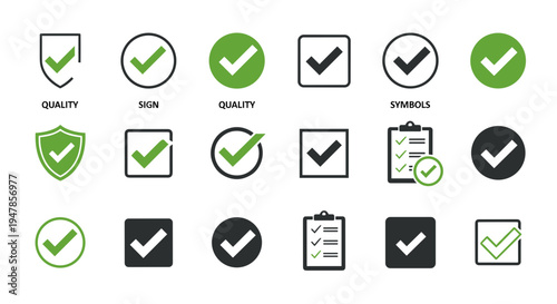 Set of check mark icons green and black symbols for approval success and quality