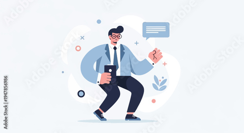 Stylized man in suit and glasses, holding a tablet, mid-action