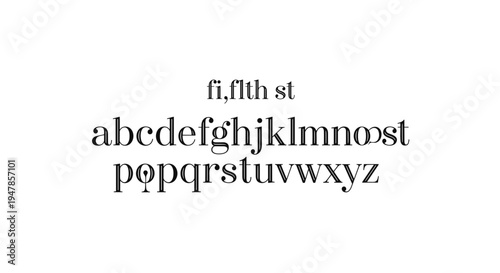 Elegant serif font alphabet set with ligatures and special characters on white