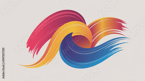 Vibrant colorful brush strokes in red orange and blue hues on a light gray background creating a dynamic abstract art piece with textured effect