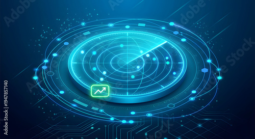Radar analytics interface with scanning target and growth signal for market intelligence cybersecurity monitoring and data detection