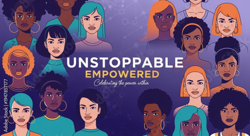 Diverse group of empowered women celebrating individuality and unity in a vibrant purple background