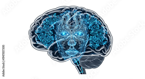 Abstract glowing blue digital brain with cybernetic face overlay