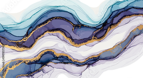 Abstract flowing waves of purple blue and gold ink on white background artistic