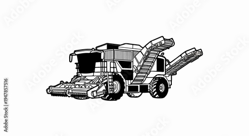 Stylized outline drawing of a large agricultural harvesting machine with conveyer belts