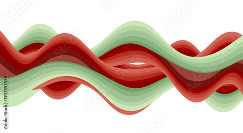 Abstract flowing wavy lines of red and green glossy liquid shapes creating dynamic