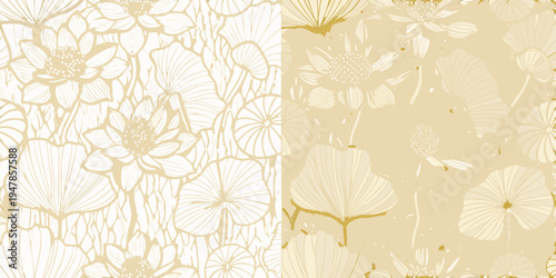 Elegant golden floral pattern with lotus and waterlily blooms