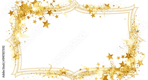 Ornate golden decorative frame with sparkling stars and glitter accents on white