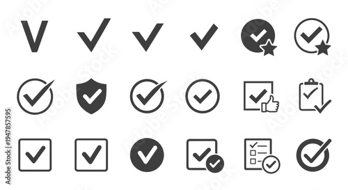 Collection of check mark icons and symbols for success approval and task completion