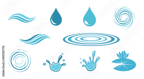 Collection of blue water wave splashes drops and ripples icons representing liquid