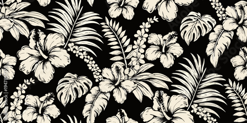 Elegant tropical floral pattern with hibiscus and lush foliage