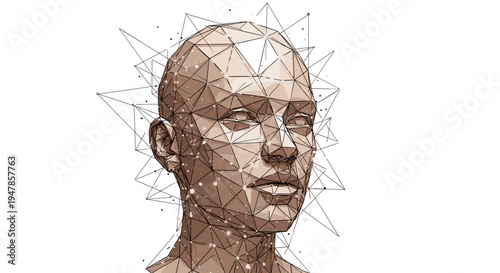 Geometric low poly human head with digital network connections artificial