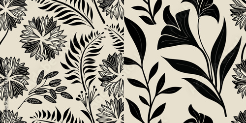 Stylized botanical illustration with repeating floral and foliage patterns