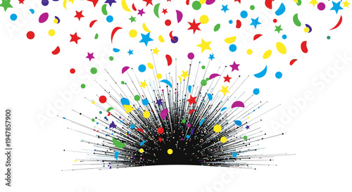 Explosion of colorful confetti and shapes bursting outward in a celebration event