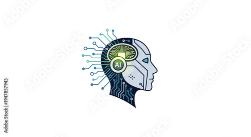 Abstract robotic head profile with glowing brain and circuit board connections