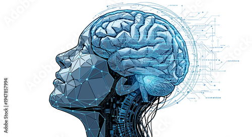 Digital human head profile with glowing blue brain and futuristic network