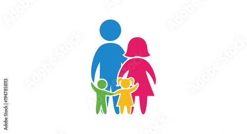 Stylized colorful family icon with parents and two children holding hands isolated