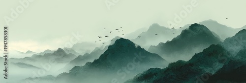 Traditional Chinese Ink Wash Painting of Misty Mountains and Flying Birds.