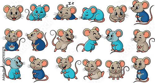 Playful mouse character set with various poses and emotions