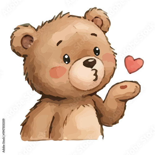 Cute brown teddy bear cartoon , soft toy style illustration for kids