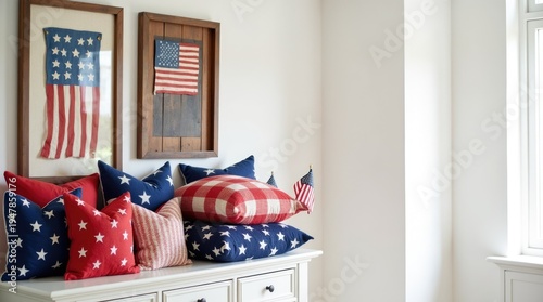 Red white and blue throw pillows and blankets on console table, Independence Day home decor