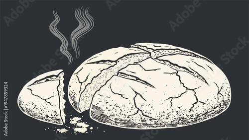 Hand drawn vector illustration of a rustic sourdough bread loaf with a cut slice and rising steam isolated on a dark background