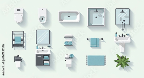 Bathroom Fixtures and Accessories Flat Lay Arrangement.