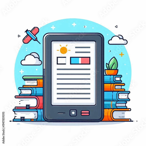 A cartoon ereader with a digital page on its screen positioned in front of colorful stacks of physical books.